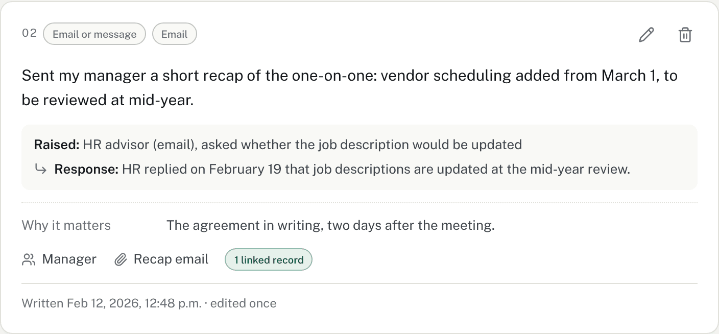 A timeline entry with a Raised with HR advisor line and the response received a week later.
