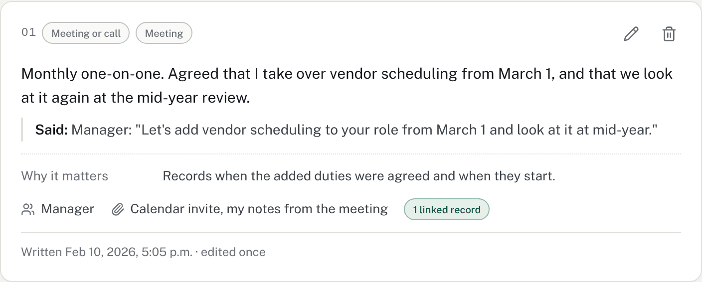 A timeline entry for a one-on-one where new duties were agreed, the people involved, the linked record and the line "Written Feb 10, 2026, edited once".